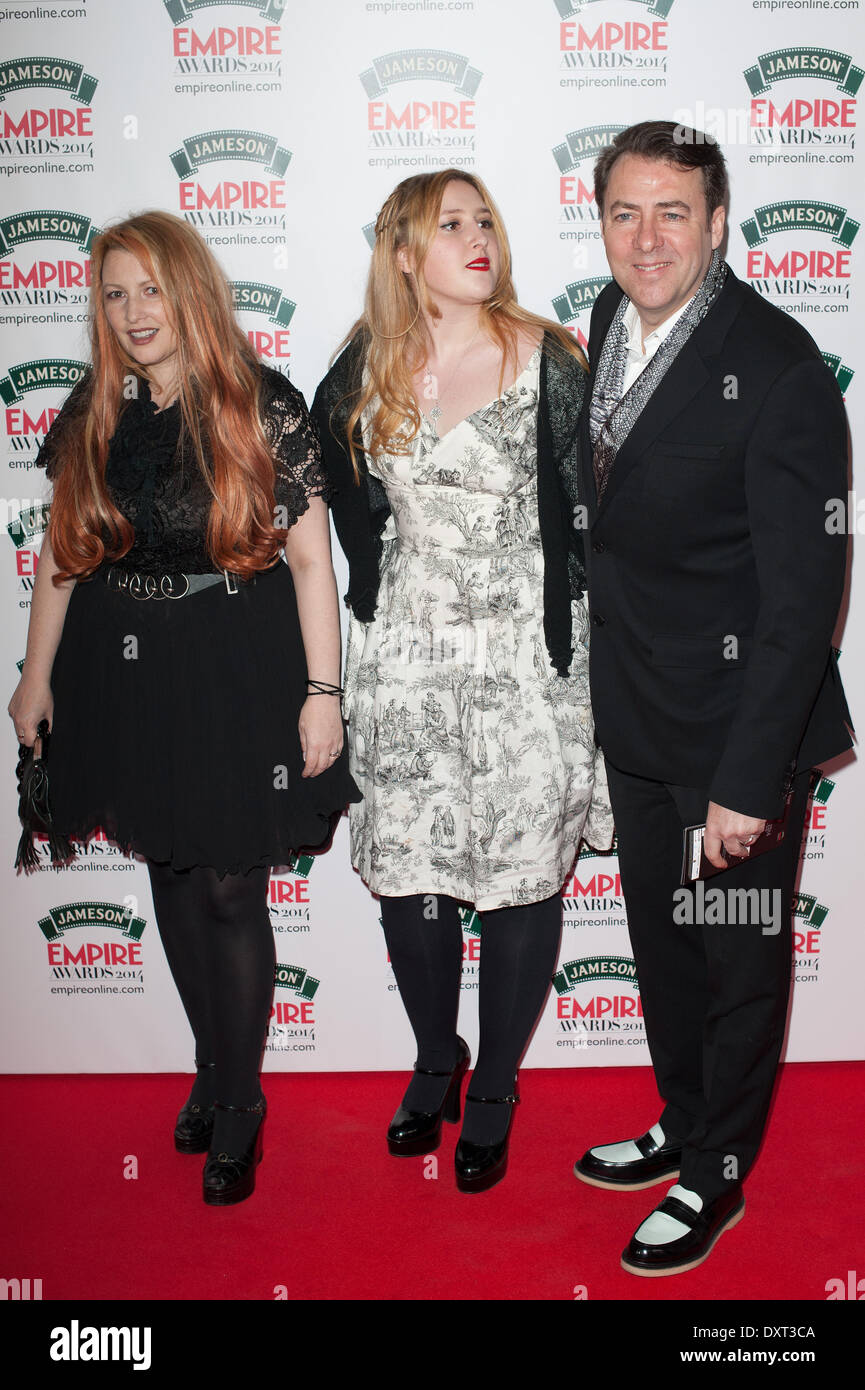 London, UK . 30th Mar, 2014. Producer Jane Goldman (L), TV presenter Jonathan Ross (R) and guest (C) pose for photographers during the 2014 Jameson Empire Awards held at The Grosvenor House, on Sunday March 30, 2014. Credit:  Heloise/Alamy Live News Stock Photo