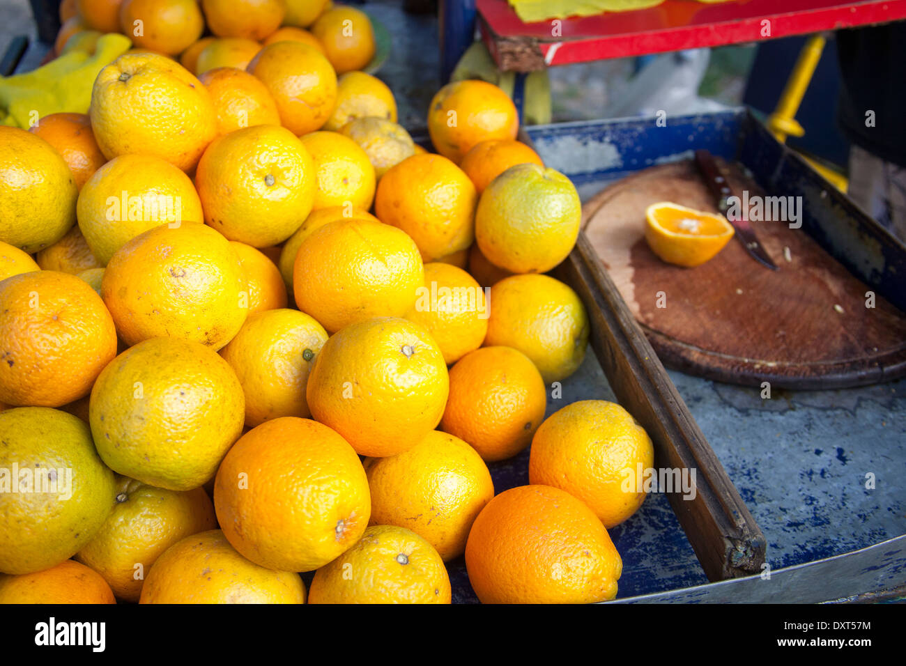 Oranges used by a street vendor selling fresh squeezed orange juice in