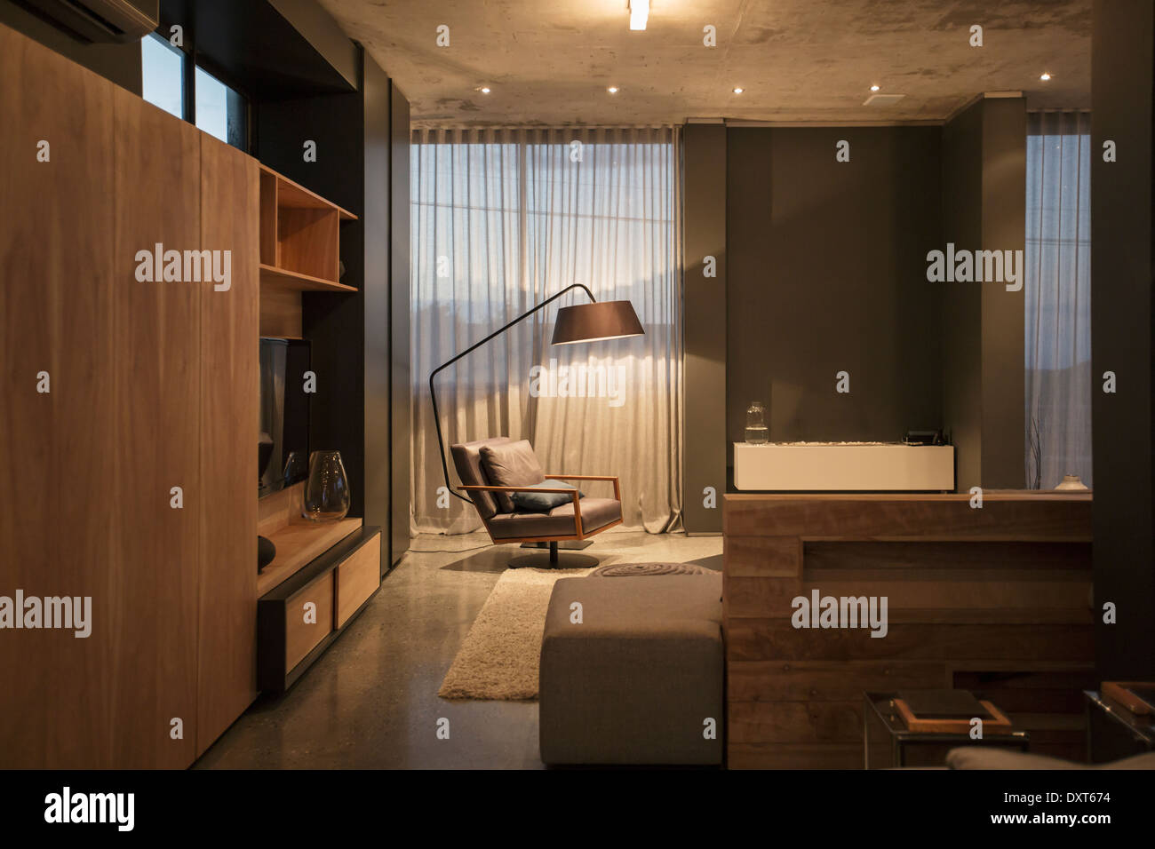 Chair and floor lamp in corner of modern living room Stock Photo - Alamy