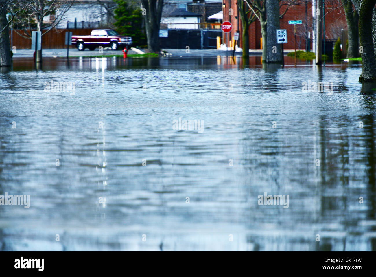 Deep Flood Water on the Street. Illinois Big Flood. Stock Photo
