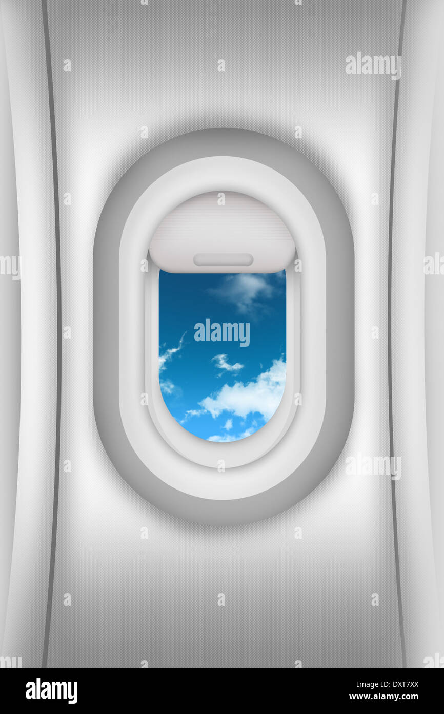 Aircraft Window and Blue Cloudy Sky. Airplane Window Illustration. Air Traveling Theme. Cabin - Interior Airplane Window View. Stock Photo