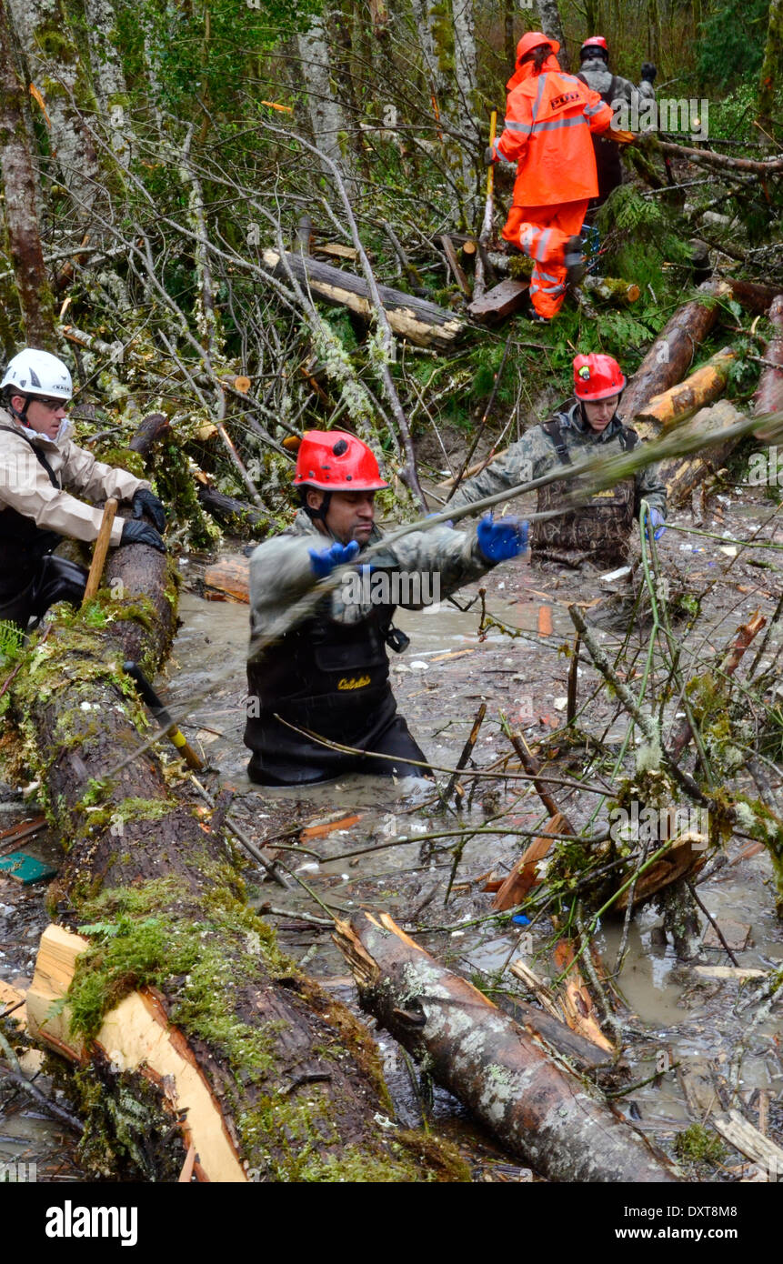 Rescue workers continue efforts to locate victims of a massive landslide that killed at least 28 people and destroyed a small riverside village in northwestern Washington state March 30, 2014 in Oso, Washington. Stock Photo