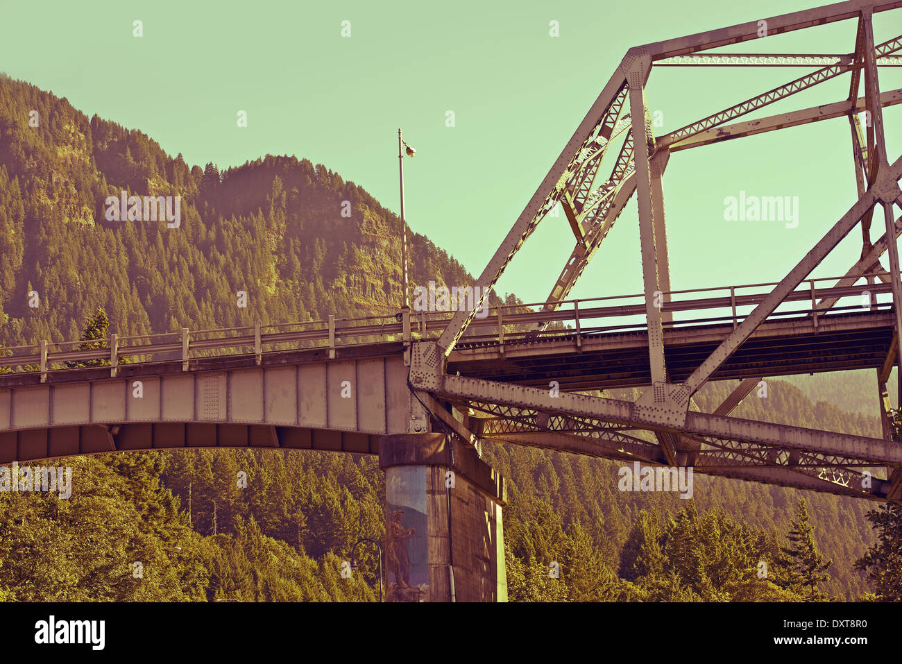 Old Metal Bridge in Oregon State, USA. Columbia River Bridge. Oregon, USA. Stock Photo