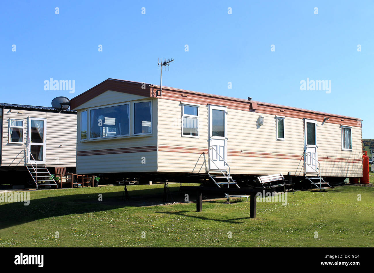 Side view of modern caravans in trailer park, Scarborough, England. Stock Photo