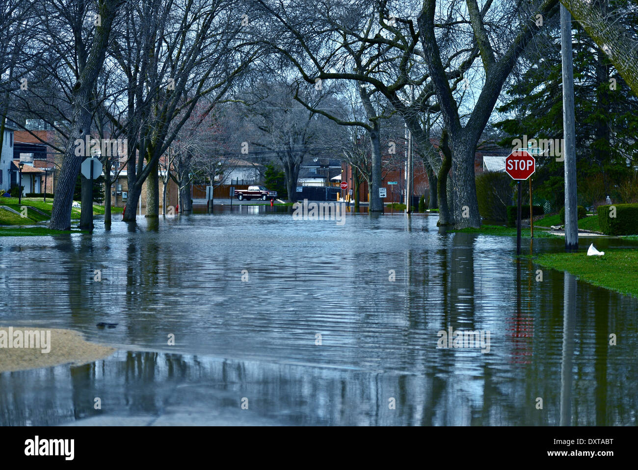 Deep Flood Water in Residential Area. Des Plains, IL, USA. City Under River Flood Water. Nature Disasters Photography Collection Stock Photo