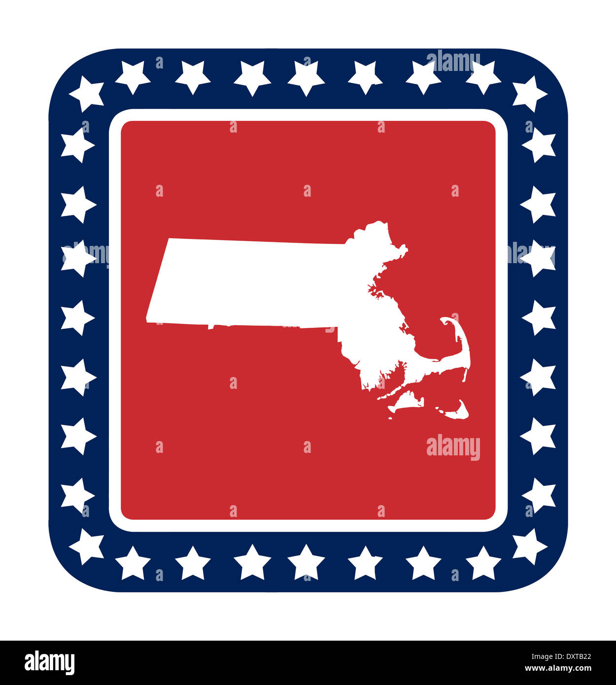 Massachusetts state button on American flag in flat web design style, isolated on white background. Stock Photo