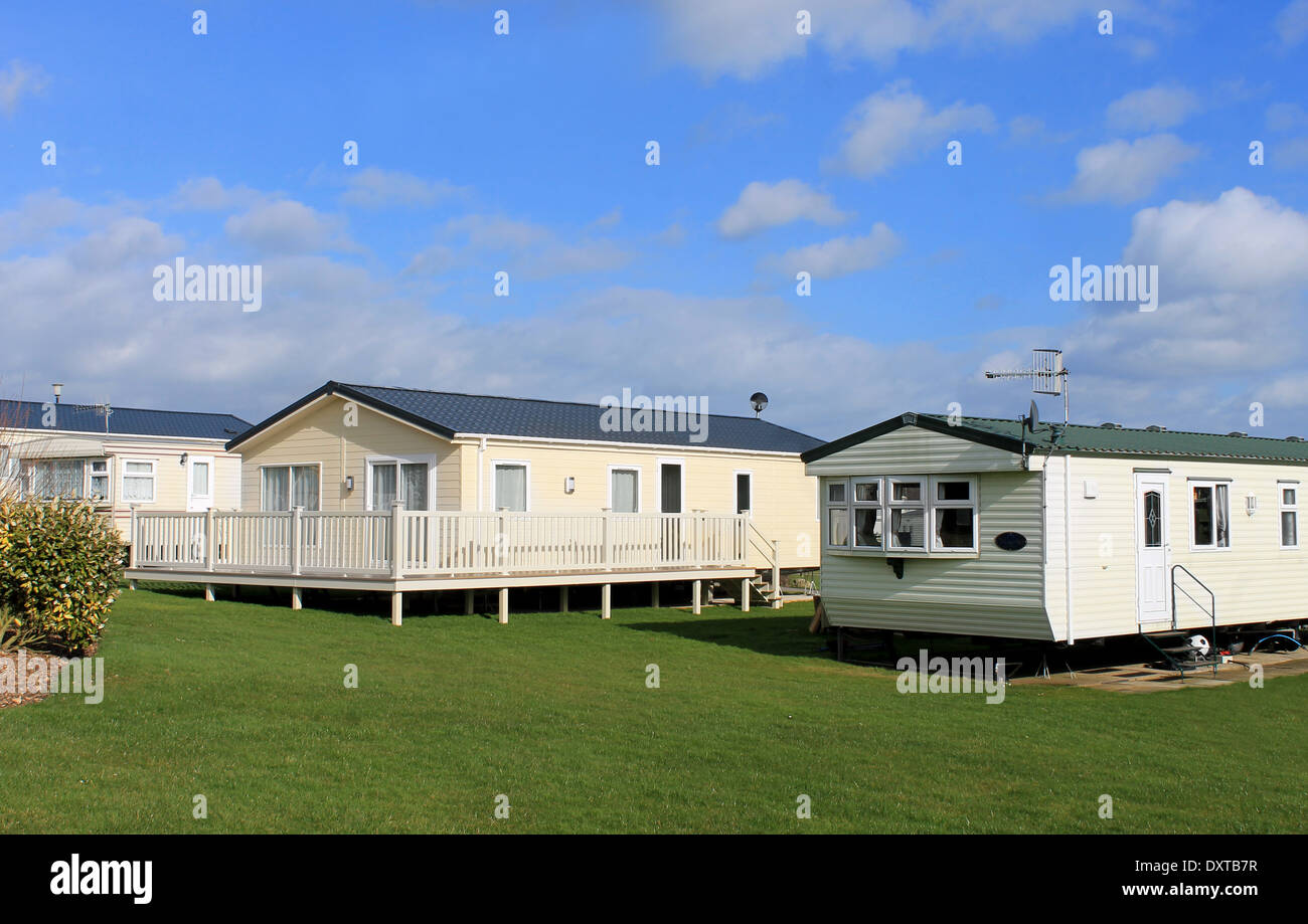 Scenic view of modern trailer of caravan park in summer. Stock Photo