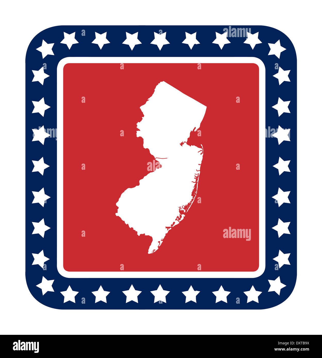 New Jersey state button on American flag in flat web design style, isolated on white background. Stock Photo