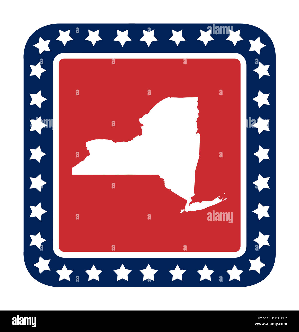 New York state button on American flag in flat web design style, isolated on white background. Stock Photo