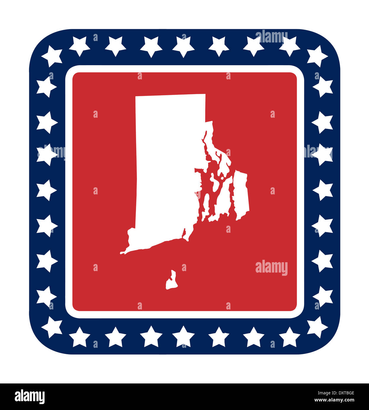 Rhode Island state button on American flag in flat web design style, isolated on white background. Stock Photo
