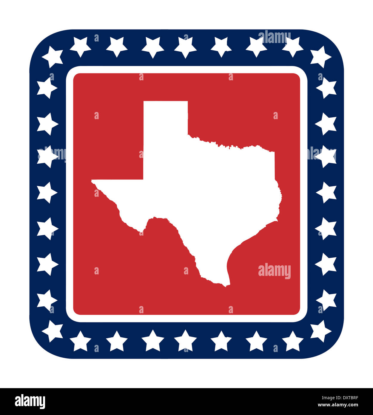 Texas state button on American flag in flat web design style, isolated on white background. Stock Photo