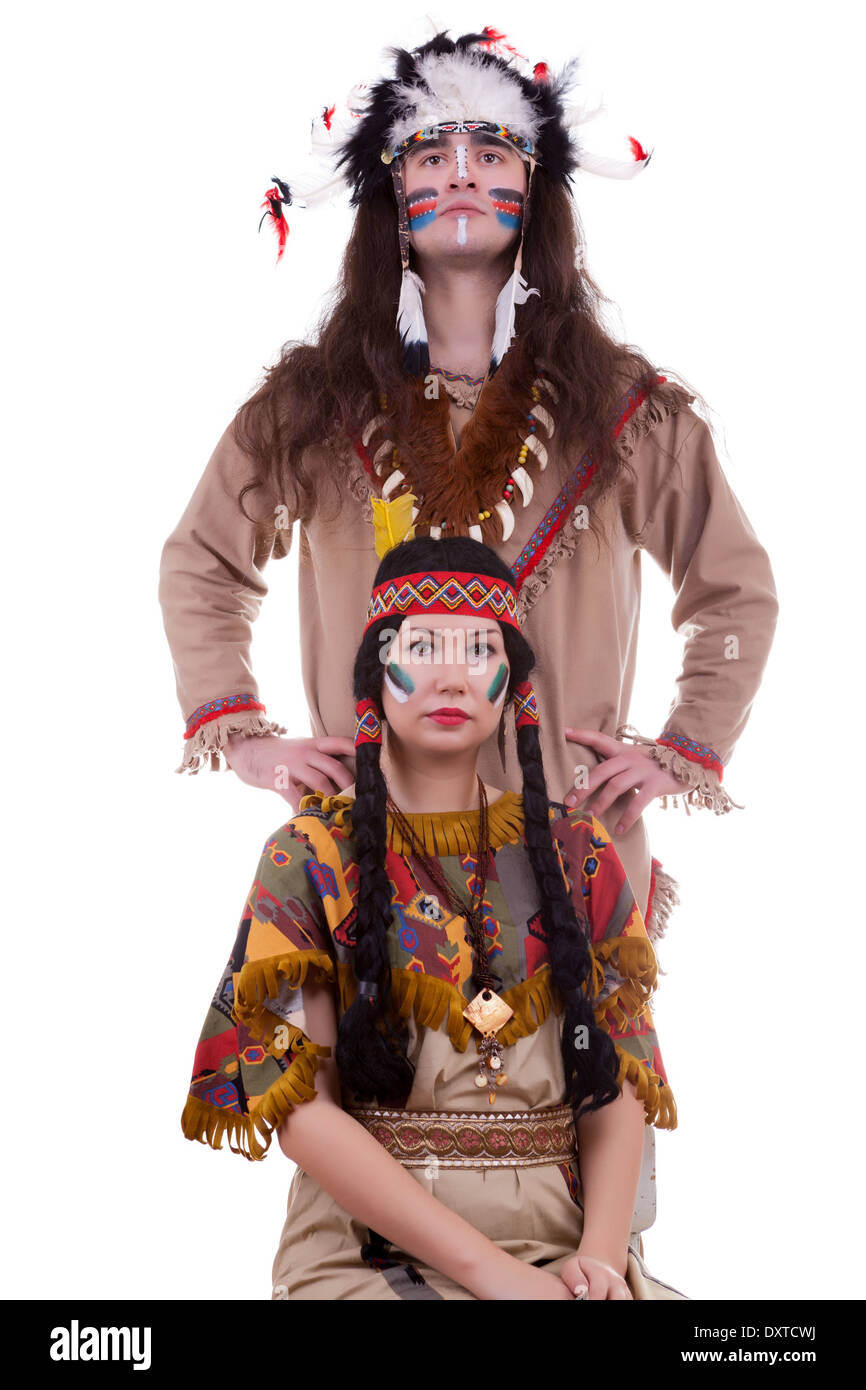 Native american couple isolated on white background. Two people. Tribal make up Stock Photo