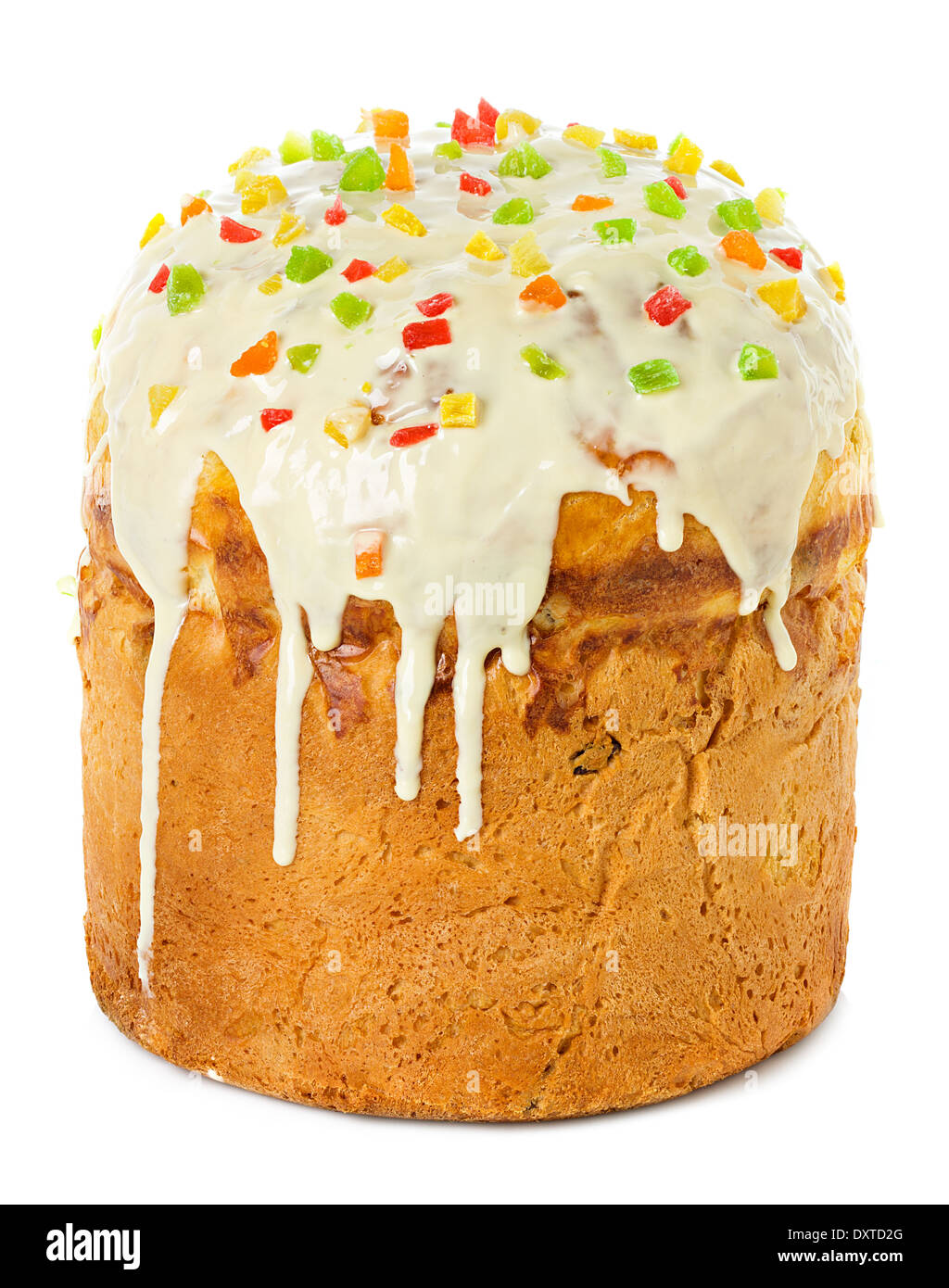 Easter cake with glace icing on white background Stock Photo