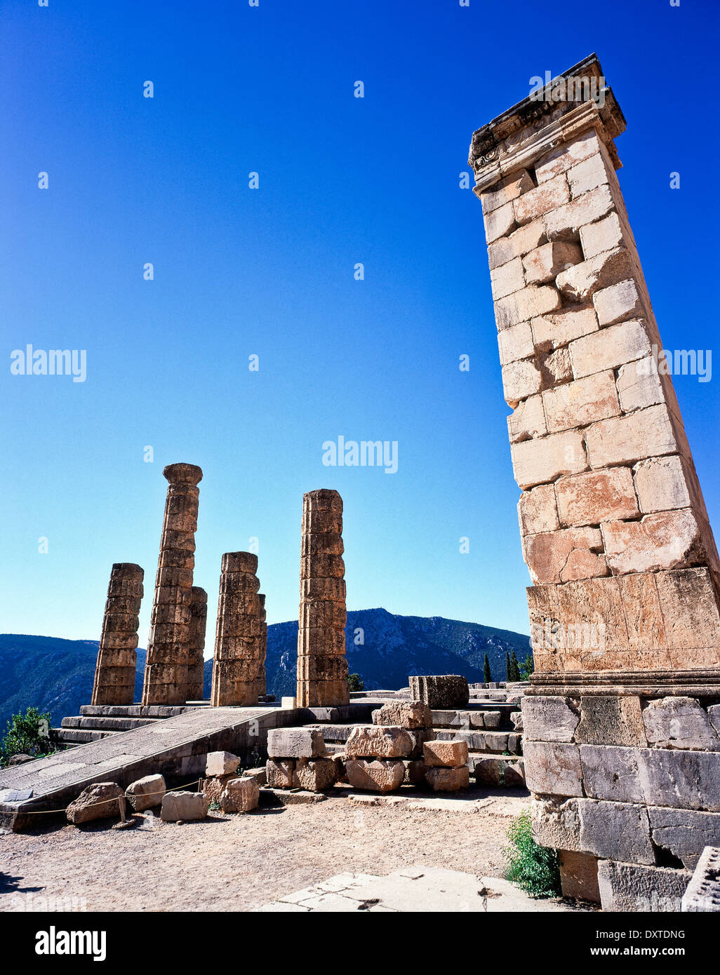 the Temple of Apollo ruins at ancient Delphi Sterea Ellada Greece Stock Photo