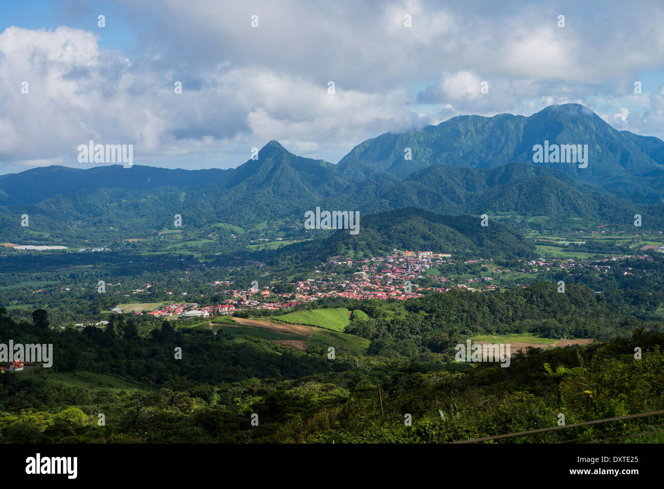 Village of Morne Rouge and the volcano area Pitons du Carbet in the background, Martinique, French West Indies Stock Photo