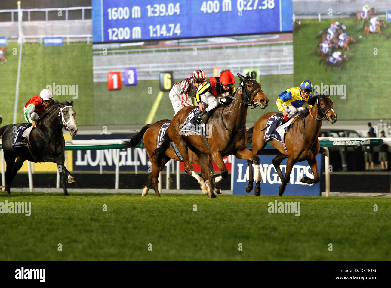 Dubai, UAE. 29th Mar, 2014. Gentildonna, ridden by Ryan Moore wins the Dubai Golden Shaheen (Group 1). Credit:  dpa picture alliance/Alamy Live News Stock Photo