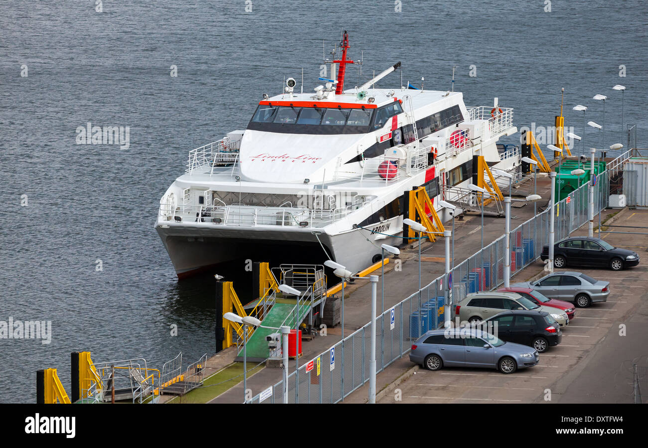 TALLINN, ESTONIA - MAY 2013: Passenger fast ferry 'Karolin' moors in port of Tallinn on May 5, 2013 Stock Photo