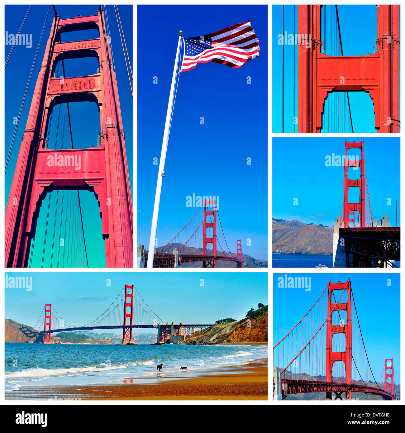 a collage with different pictures of the Golden Gate Bridge in San Francisco, United States Stock Photo