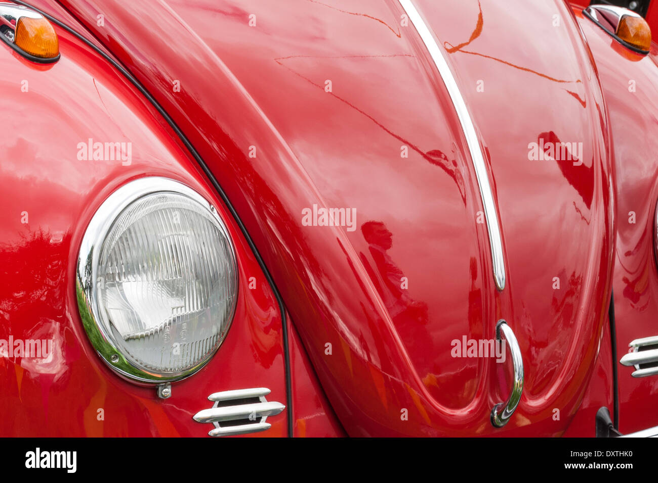 Red Volkswagen Beetle front view. Stock Photo