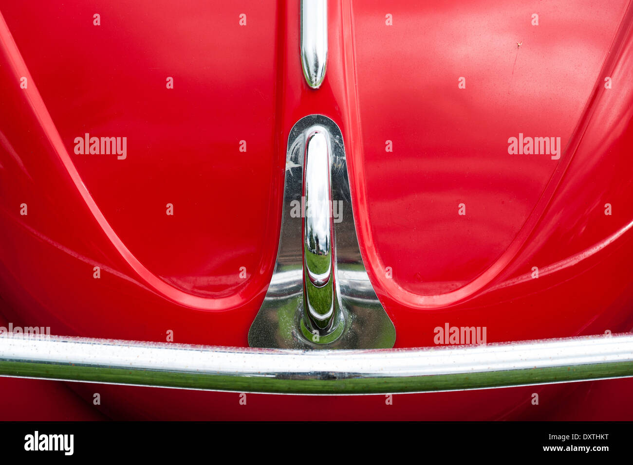 Red Volkswagen Beetle bonnet detail. Stock Photo