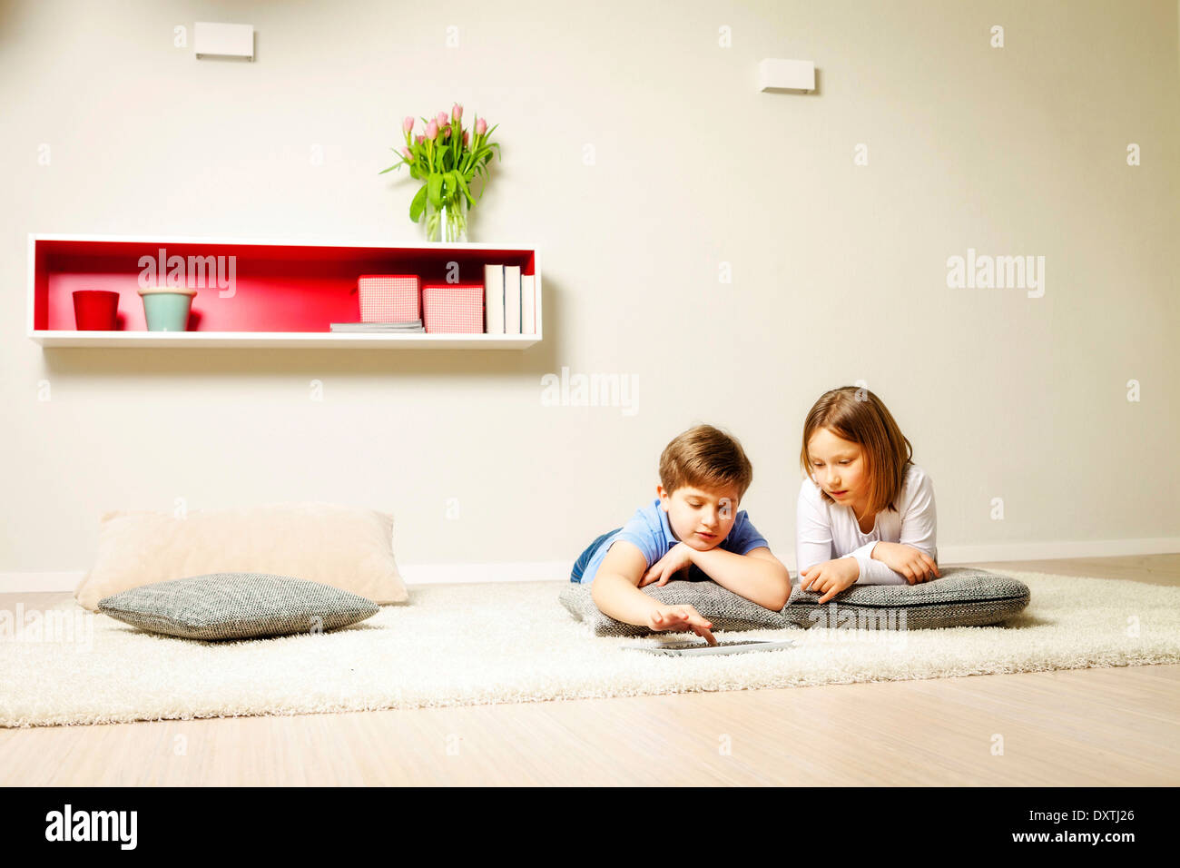 Children using computer at home, Munich, Bavaria, Germany Stock Photo