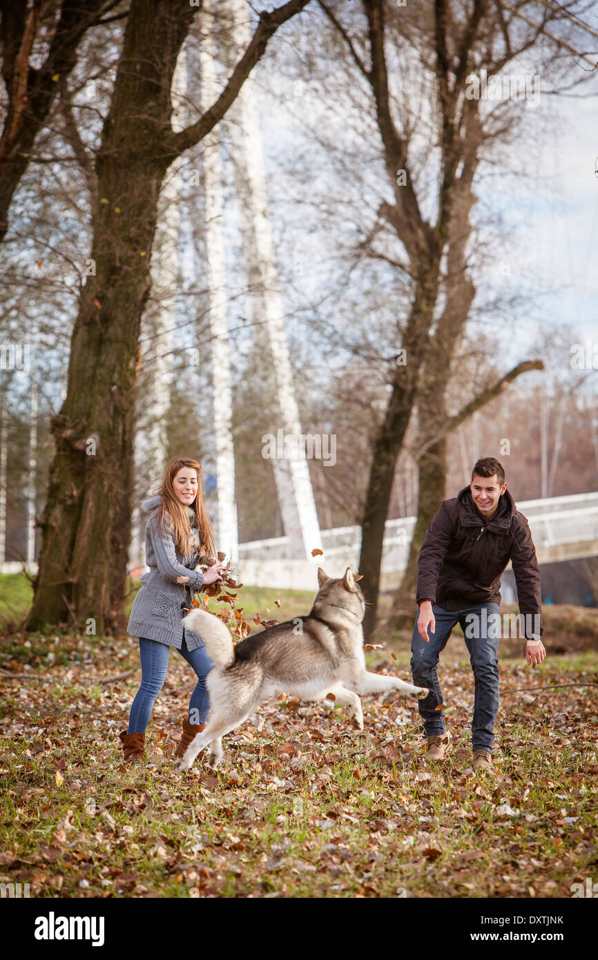 Couple Playing with Dog Outdoors, Croatia Stock Photo