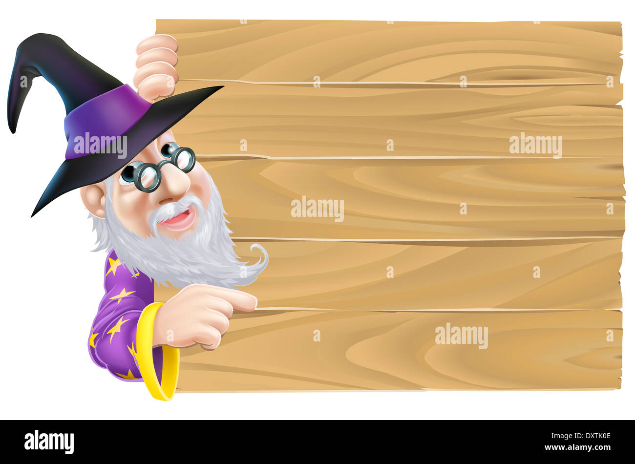 A cartoon wizard pointing a finger at a blank wood sign Stock Photo