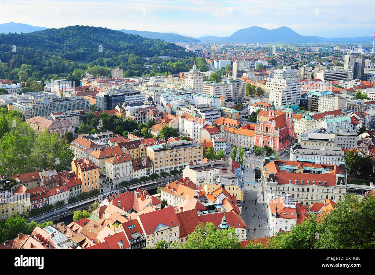 View from above on Ljubljana old town at sunset, Slovenia Stock Photo