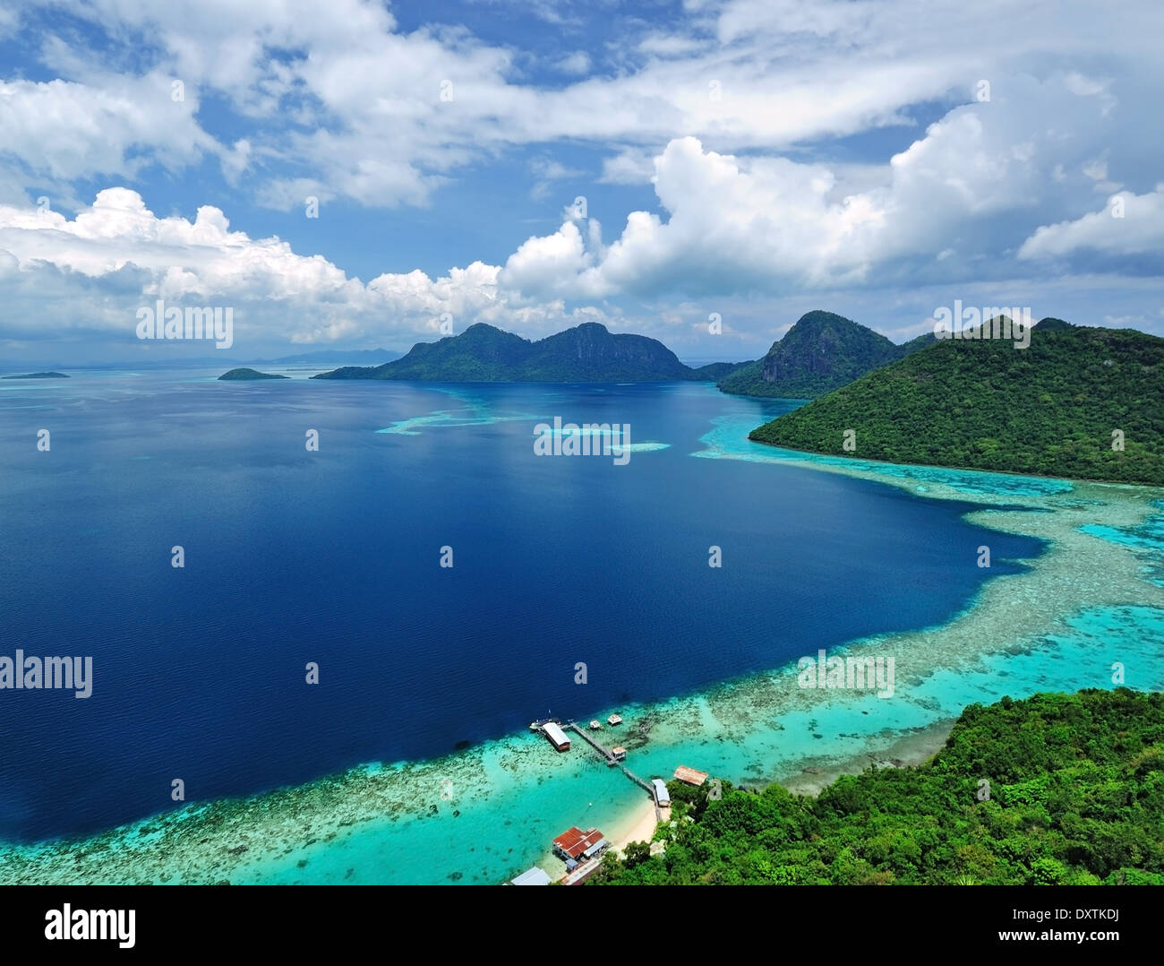 Malaysia Sabah Borneo Scenic aerial view of Tun Sakaran Marine Park tropical island Semporna, Sabah. Stock Photo