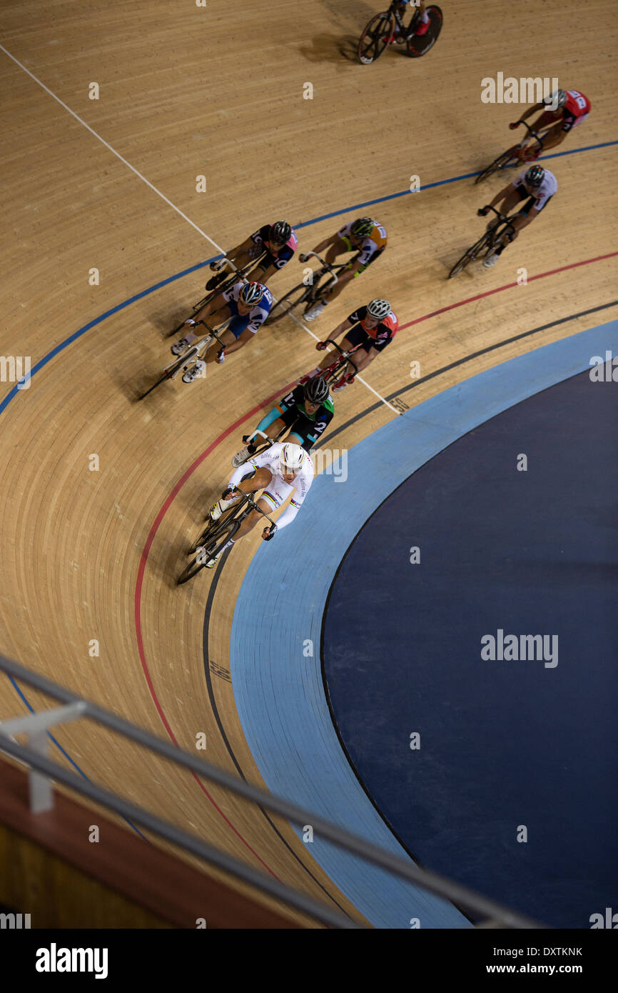 Cyclists race around the track at the London Olympic Velodrome Stock Photo