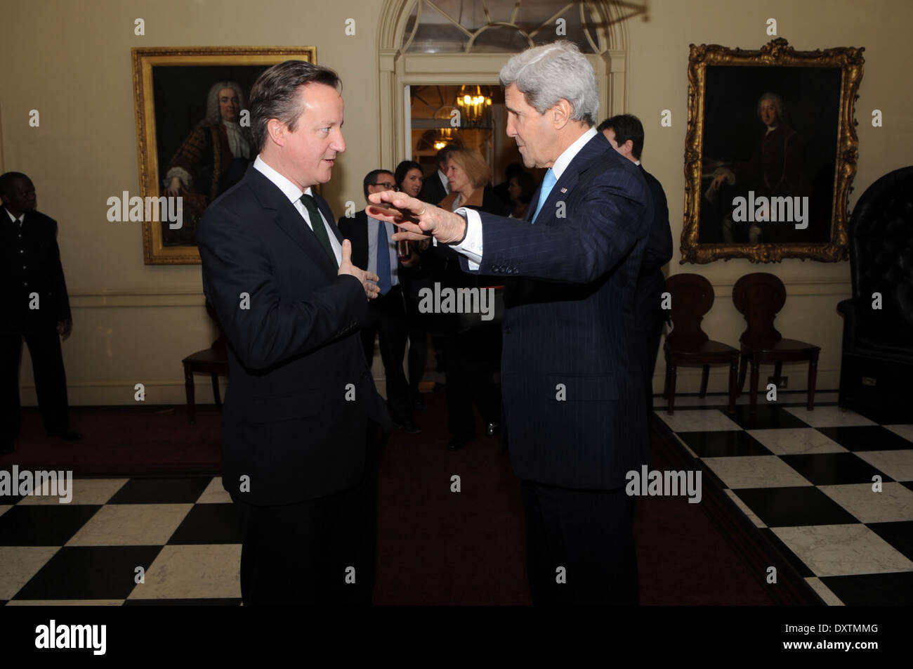 British Prime Minister David Cameron Bids Farewell to Secretary Kerry Stock Photo