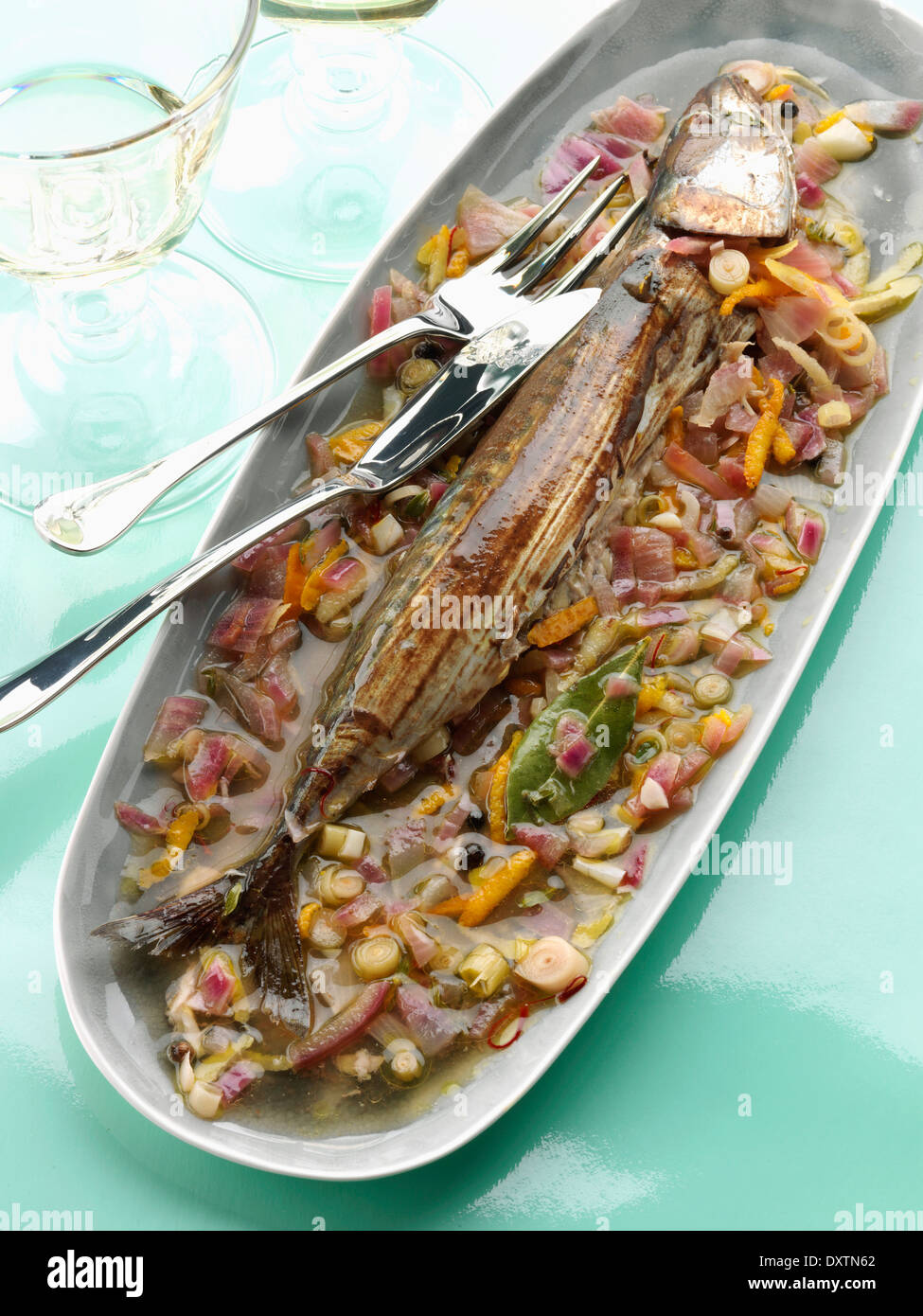 mackerels marinated in white wine ,spices and herbs Stock Photo