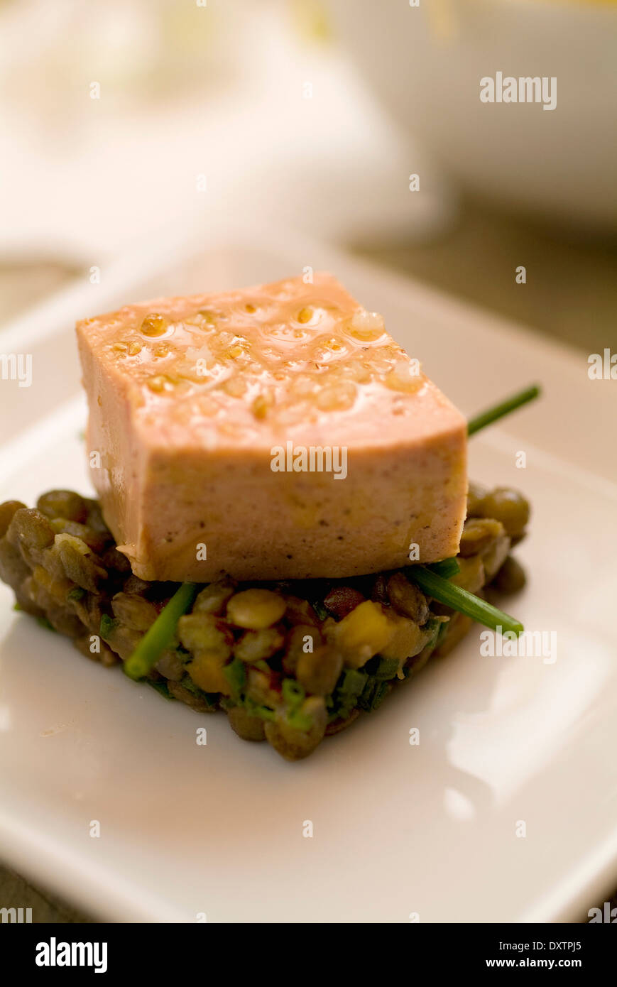 Half-cooked foie gras with lentils Stock Photo