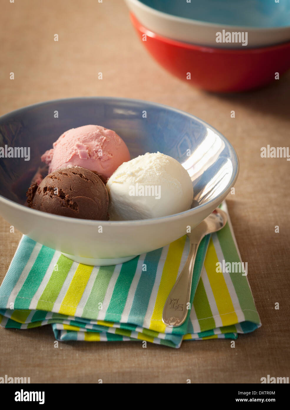 Scoop of vanilla,chocolate and strawberry ice cream Stock Photo Alamy