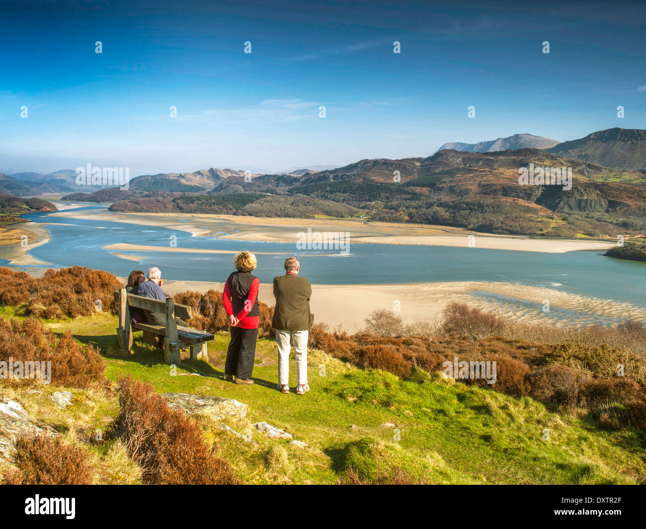 Two mature couples look over the spectacular views of the Mawddach estuary and the Cadair range from panorama walk Barmouth Stock Photo