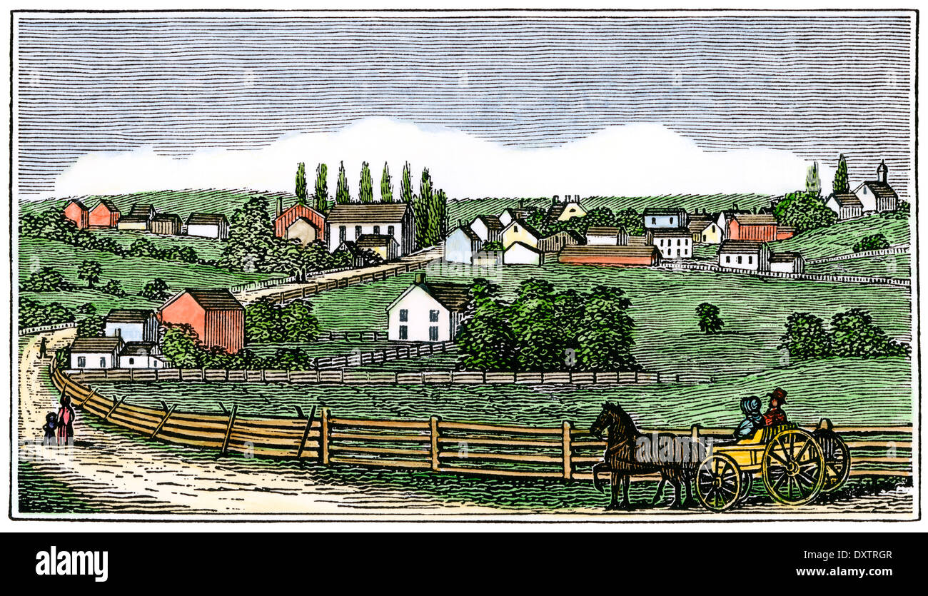 Horse-drawn wagon entering New Germantown, New Jersey, from the north 1840s. Hand-colored woodcut Stock Photo