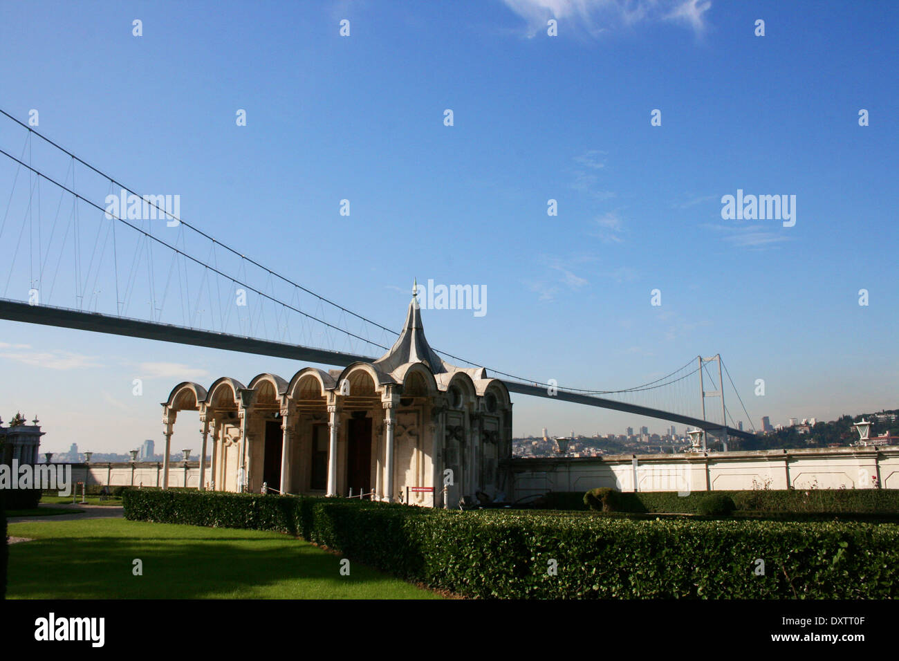 Bosphorus Bridge through Beylerbeyi Palace's garden Stock Photo - Alamy