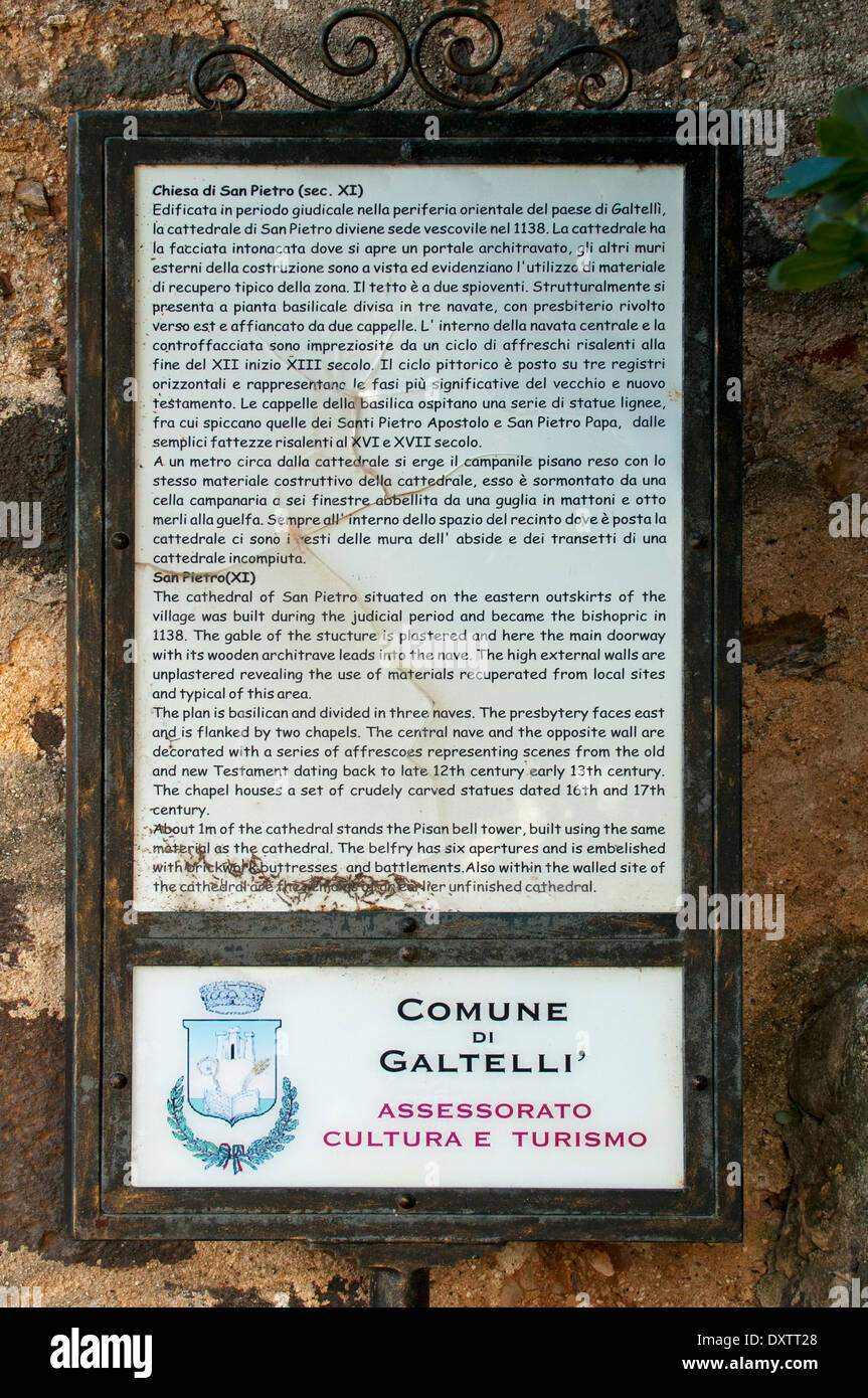 Cartel at the entrance of San Pietro old cathedral, Galtelli, Sardinia, Italy Stock Photo