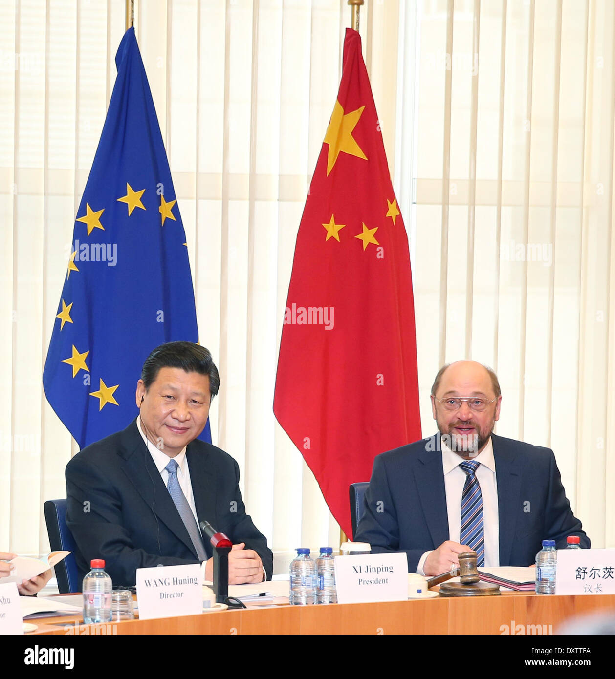 Brussels, Belgium. 31st Mar, 2014. Visiting Chinese President Xi Jinping (L) meets with European Parliament President Martin Schulz in Brussels, Belgium, on March 31, 2014. Credit:  Yao Dawei/Xinhua/Alamy Live News Stock Photo