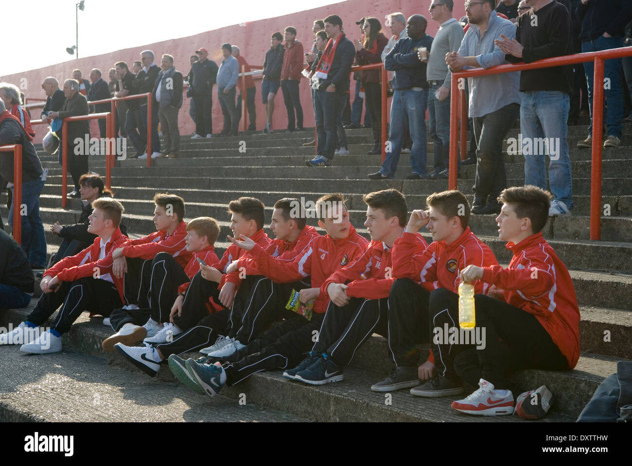 Football Uk. Teenage junior local boys who play for their club watching a home game of football; Ebbsfleet v Tunbridge. They are on the Liam Daish Stand. Ebbsfleet Valley Kent UK. 2014 2010s HOMER SYKES Stock Photo