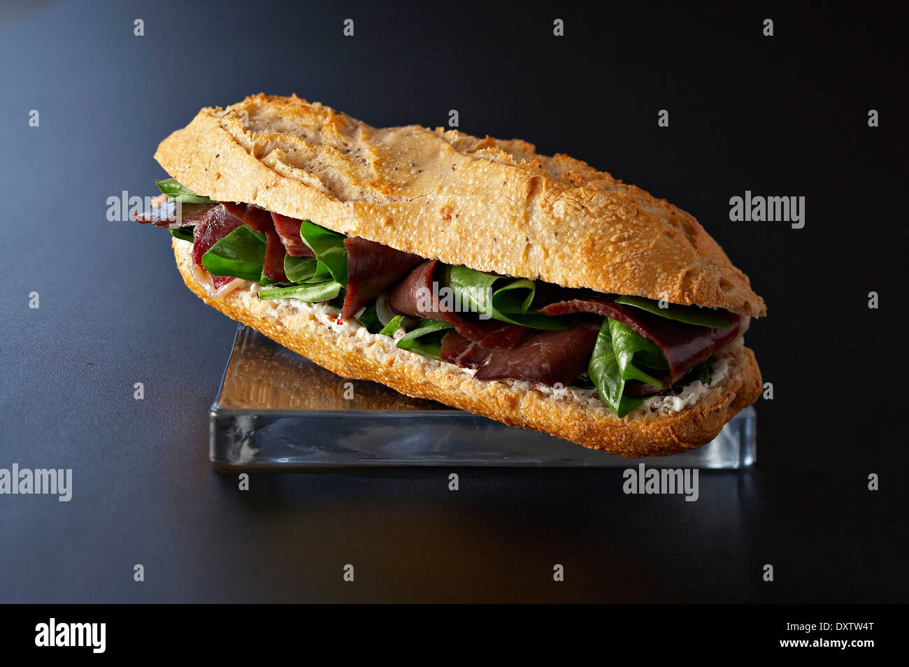 Duck's meat and spinach baguette sandwich Stock Photo
