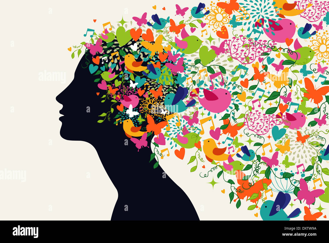 Beautiful woman profile, flowers season hair composition. Vector illustration layered for easy