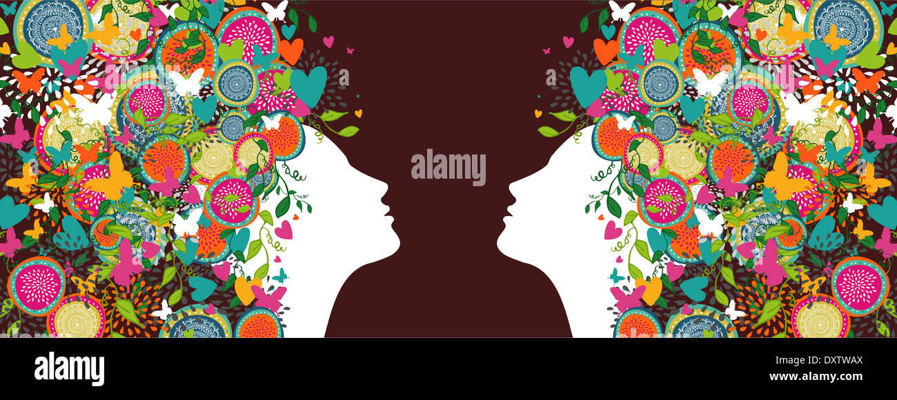 Women silhouettes profiles with abstract summer flowers design composition banner. Vector illustration layered for easy manipulation and custom colori Stock Photo