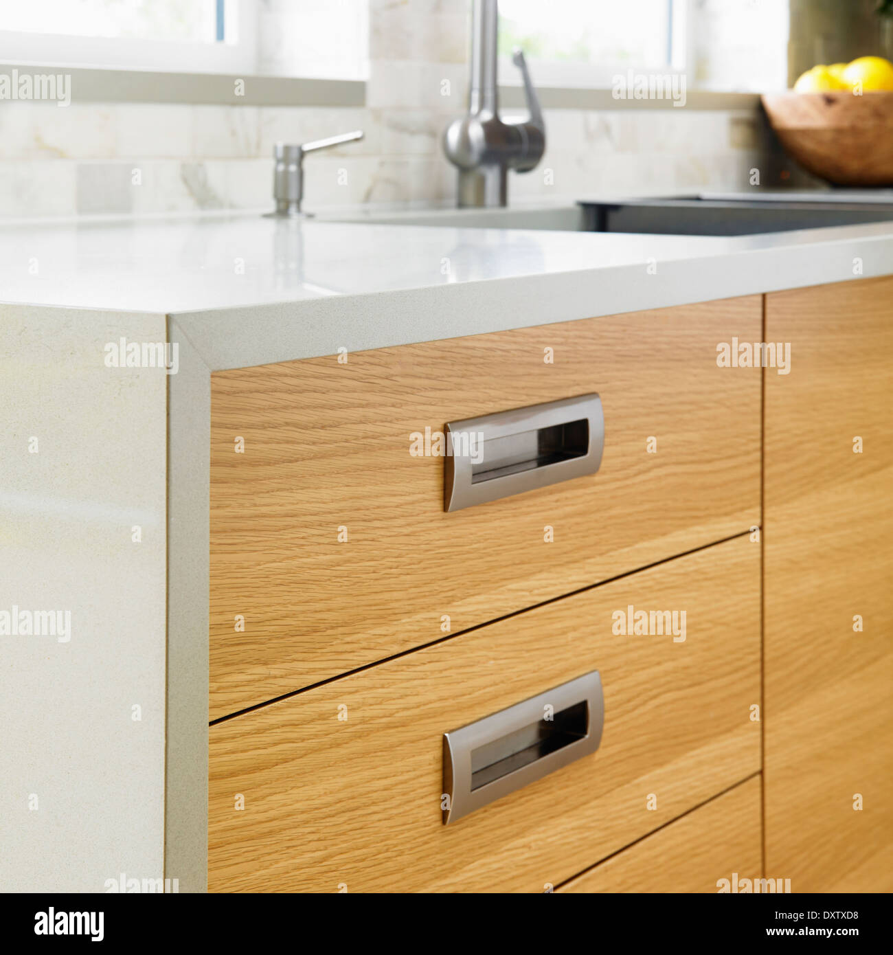Detail Of Edge Grain Oak Cabinets With Modern Stainless Steel