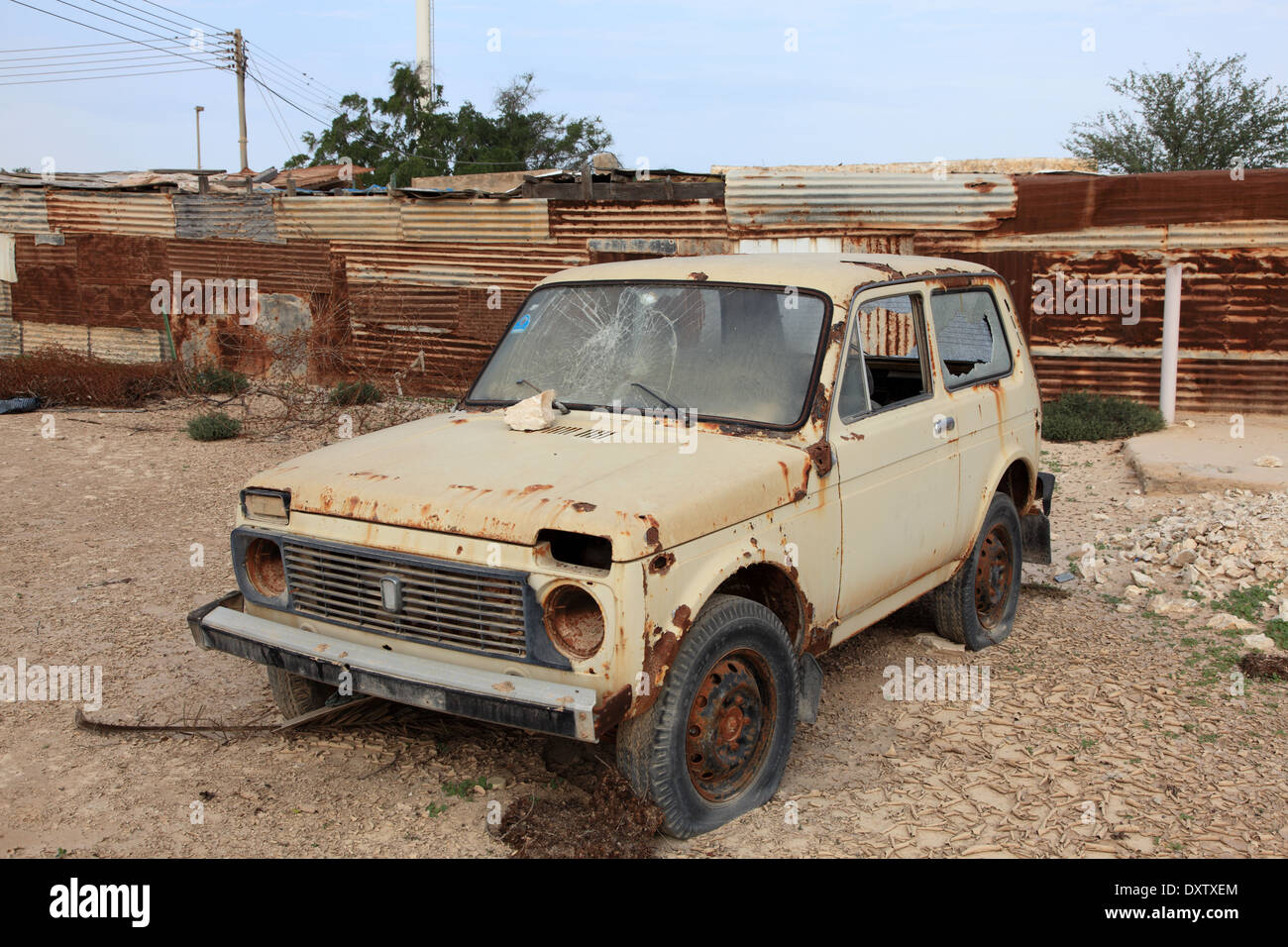 Lada Niva car wreck in Qatar, Middle East Stock Photo