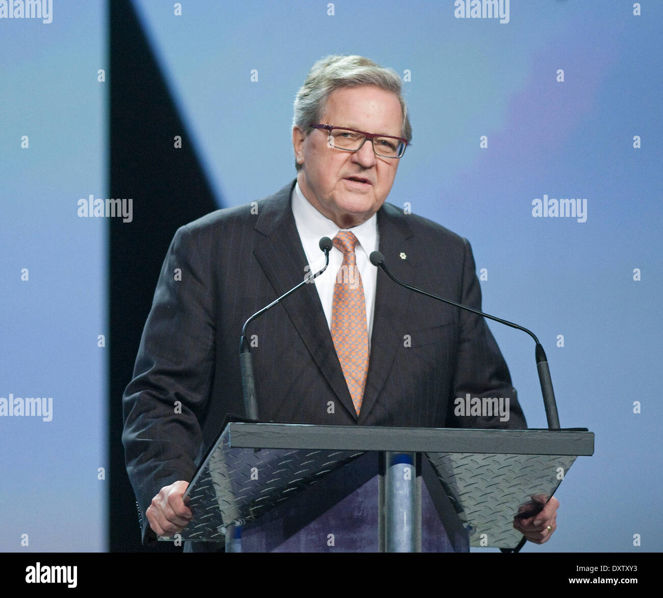 March 29, 2014 - Winnipeg, Manitoba, Canada - Former federal cabinet minister LLOYD AXWORTHY introduces the Alan Waters Humanitarian Award recipients at the Juno Gala Dinner & Awards during the 2014 Juno Awards in Winnipeg, Manitoba, March 29, 2014. (Credit Image: © Heinz Ruckemann/ZUMAPRESS.com) Stock Photo