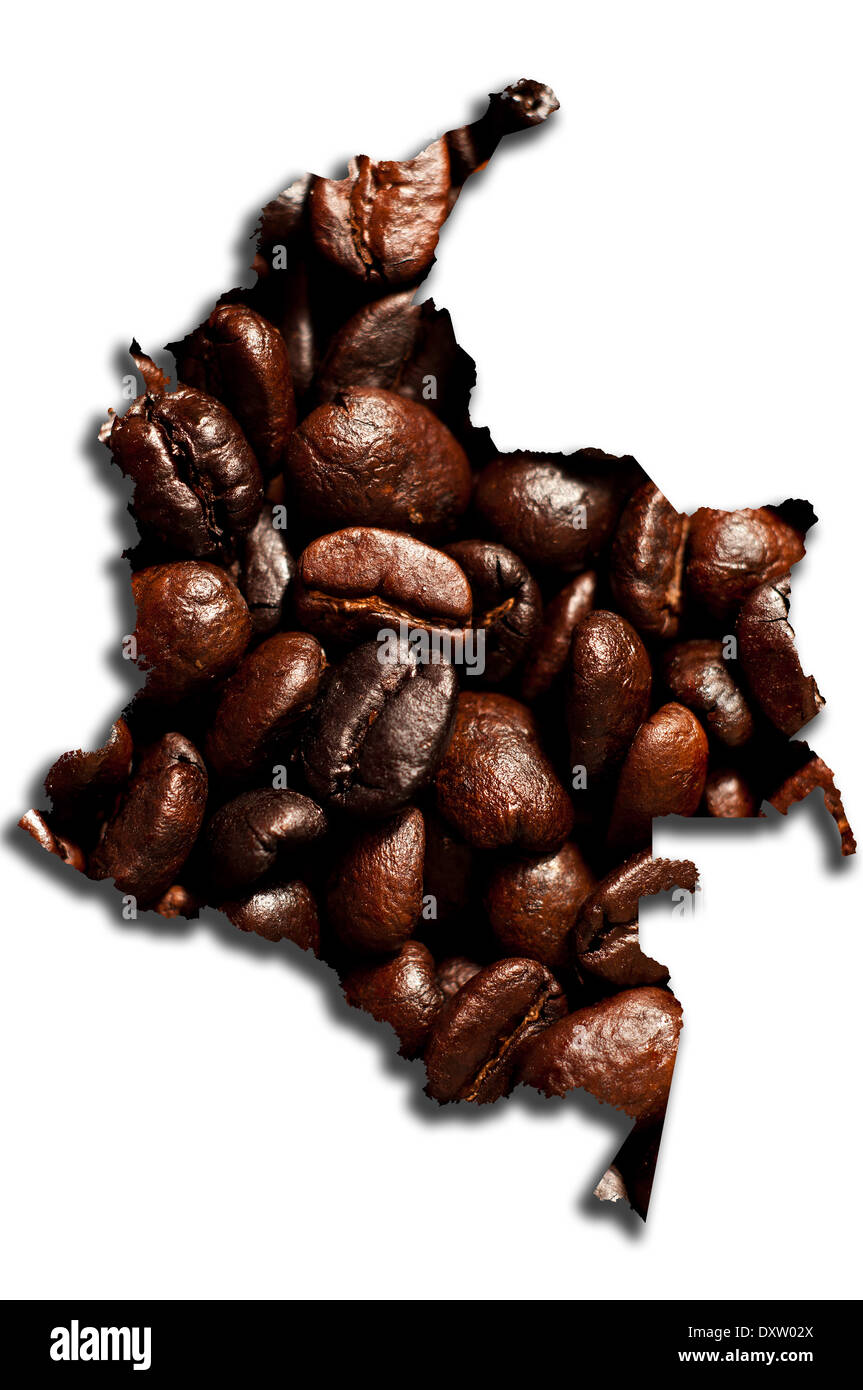 Map of Colombia made out of coffee on white background Stock Photo
