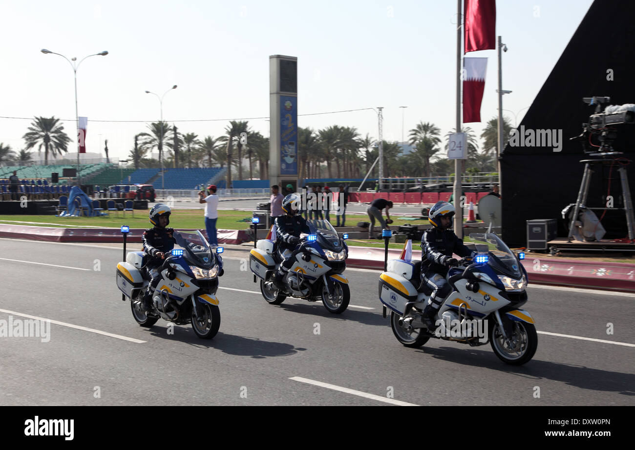 Police motorcycles at the military parade in Doha during the National