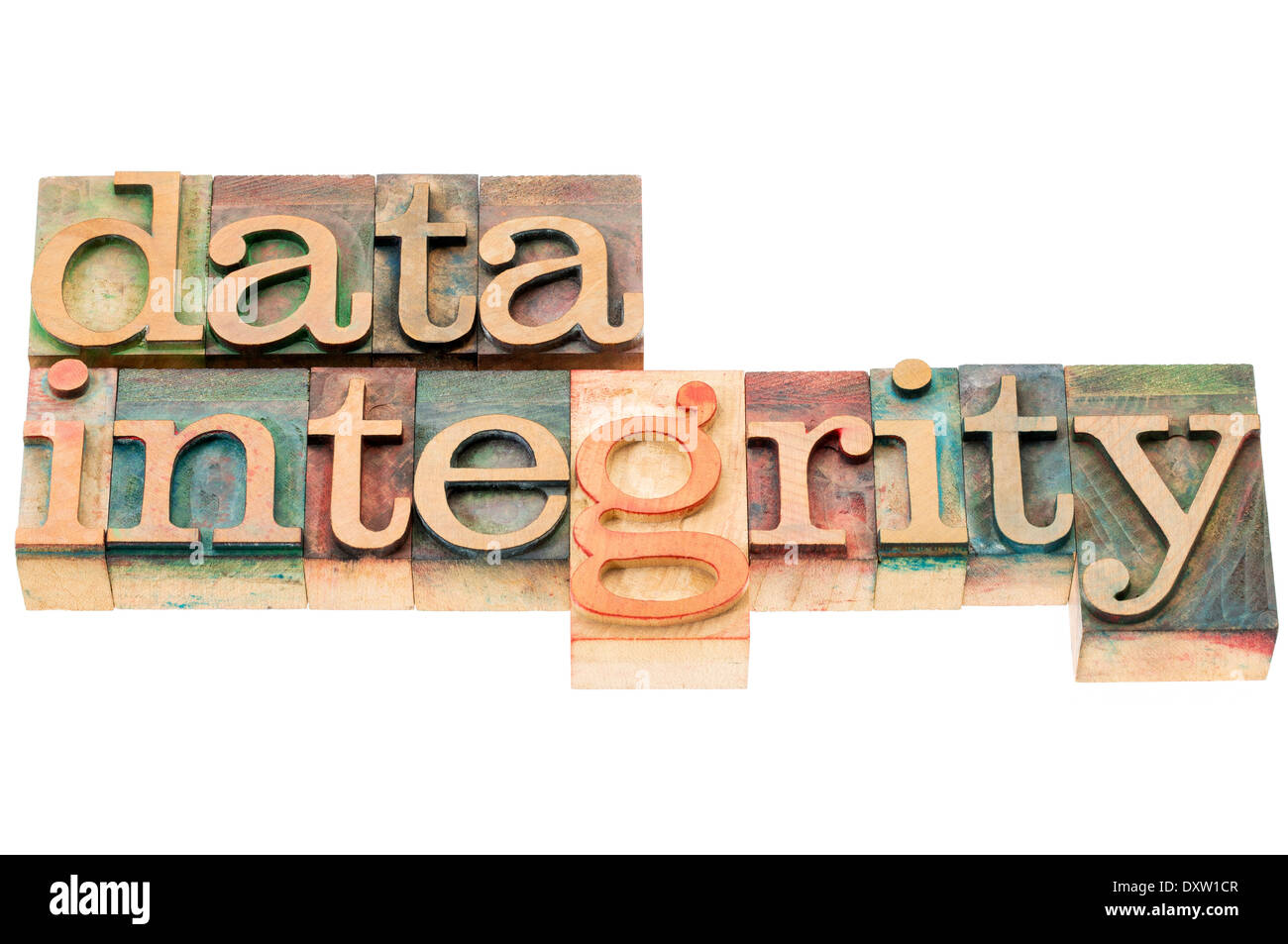 data integrity - isolated words in letterpress wood type blocks stained by color inks Stock Photo