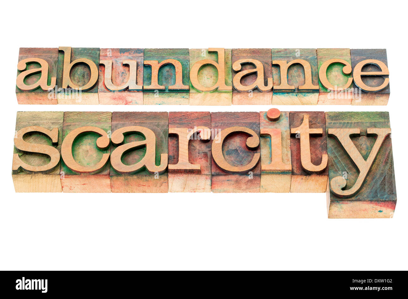 abundance and scarcity - isolated words in n letterpress wood type blocks stained by color inks Stock Photo
